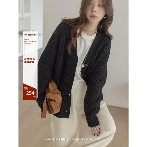 VNOOK澳毛v領廓形毛衣外套女休閑百搭2024新款秋冬長袖針織衫開衫