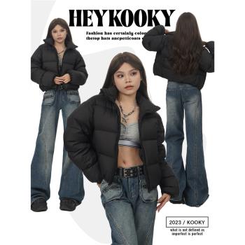 HEY KOOKY美式高街黑色短款白鴨絨羽絨服女輕薄寬松立領保暖外套