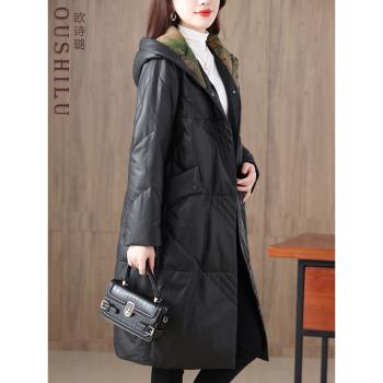 胖MM皮草羽絨服海寧24年冬季新款香雲紗連帽真皮女大碼遮肉外套