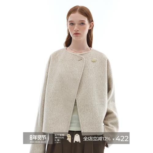 someone sometimes重工羊駝毛高級感落肩毛呢外套一粒扣短款大衣