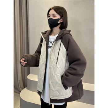 2024秋冬新款韓版撞色拼接連帽羽絨服時尚菱形格夾棉連帽衛衣外套