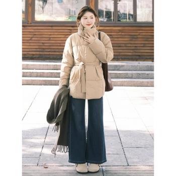 卡其色收腰羽絨服女冬季設計感短款顯瘦立領白鴨絨麵包服棉襖外套