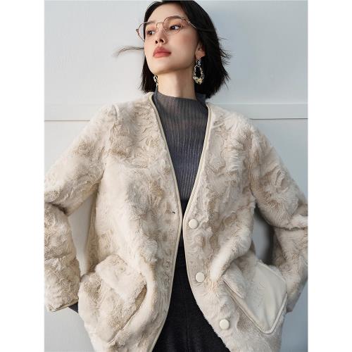 老錢風環保皮草毛毛外套女2024新款秋冬高級V領開衫皮毛一體大衣