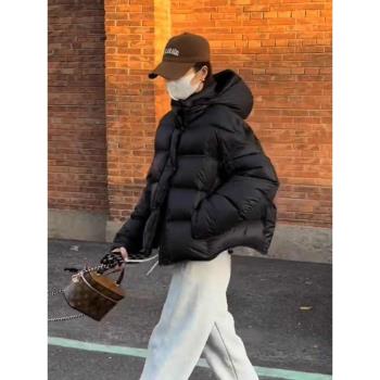 泡芙龜背黑色短款羽絨服女2024冬季新款加厚白鴨絨連帽麵包服外套