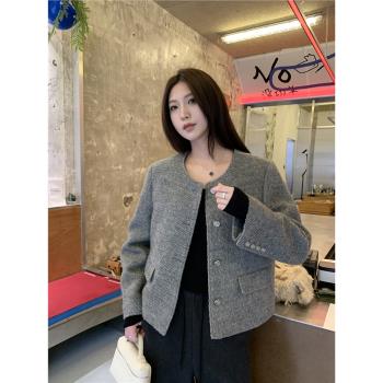 阿一 氣質羊毛小香風外套女春秋新款法式高階感圓領灰色短款上衣
