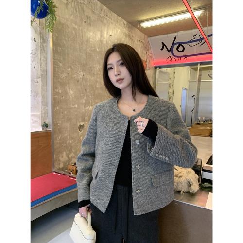 阿一 氣質羊毛小香風外套女春秋新款法式高級感圓領灰色短款上衣