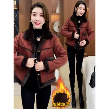 氣質減齡加絨加厚短外套女2024冬季新款超級好看拼接皮毛一體夾克