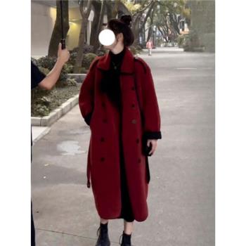 高階感超好看雙面羊絨大衣中長款酒紅色毛呢外套深秋初冬2024新款