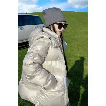 高階感英倫風銀色連帽棉衣服冬季加厚保暖歐洲站輕熟御姐洋氣外套