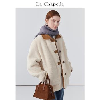 拉夏貝爾/La Chapelle燈芯絨拼接仿羊羔毛外套女加厚寬松夾克冬季