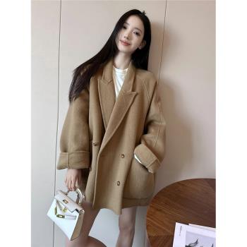 PINKEEN駝色翻領雙面羊毛大衣女冬季2024新款高階感氣質毛呢外套