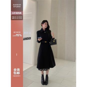 佐佐家小個子 赫本風中長款黑色毛呢外套女秋季收腰百搭顯瘦大衣