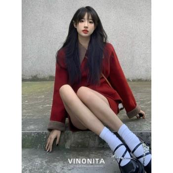 vinonita富家千金冬裝套裝新年紅色毛呢子大衣外套女秋冬季中長款