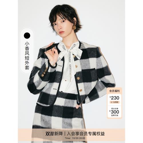 FF仿佛冬季新款撞色格紋名媛小香風短外套女小個子設