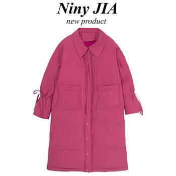 Niny JIA玫紅色絨羽絨棉服女冬季中長款小個子寬松氣質設計感外套