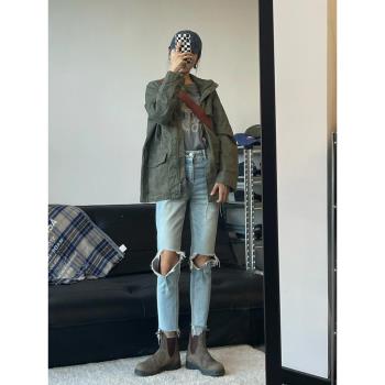美式復古寬松休閑工裝風夾克外套女秋裝設計感小眾酷颯軍綠色風衣