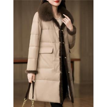 日系輕奢真皮羽絨服女秋冬季100%綿羊皮中長款皮衣加絨厚皮草外套