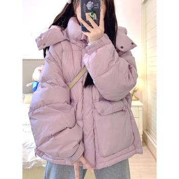 大碼胖mm韓系加厚連帽羽絨棉服女2024新款紫色高階感寬松減齡外套