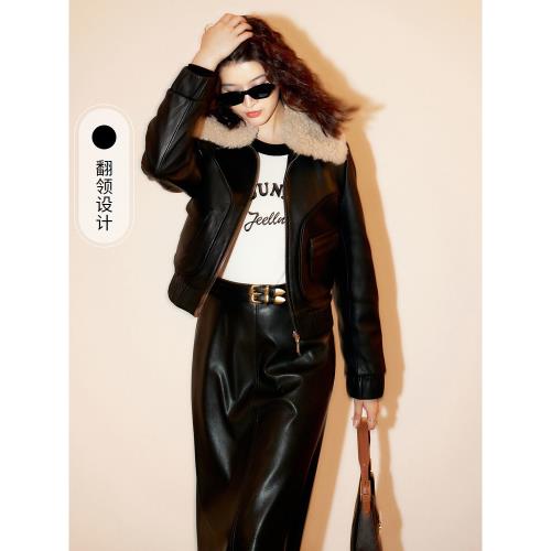 【綿羊皮】FF仿佛短外套女黑色皮衣翻領氣質時尚上衣