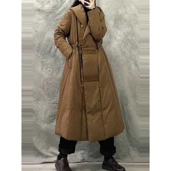 90%白鴨絨收腰羽絨服2024冬季新款大碼過膝加厚保暖輕奢連帽外套