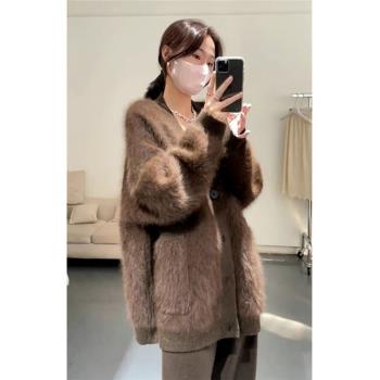 美拉德咖色v領水貂絨毛衣開衫女秋冬季慵懶風中長款加厚針織外套