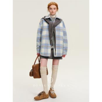 DESIGNER PLUS 藍色格紋羊毛呢外套女25春復古夾棉加厚小個子夾克