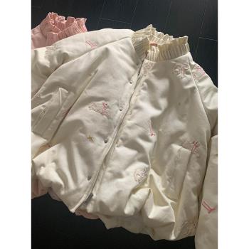 刺繡小羊棉服女外套秋冬季小個子立領寬松甜美學院風加絨加厚棉襖