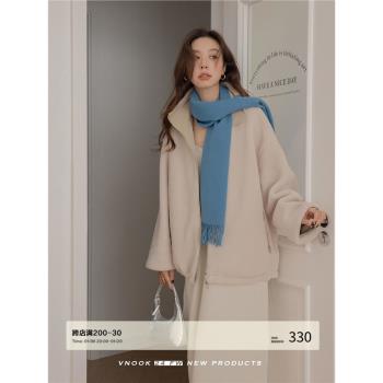 VNOOK 立領繡花羊羔毛外套女冬2024新款長款高階感純色雙面穿上衣