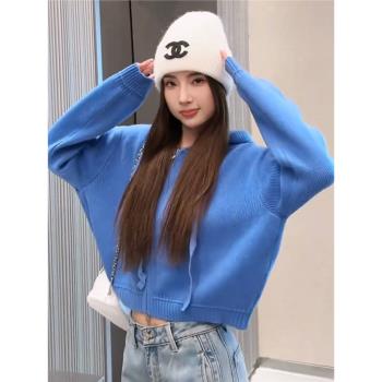 藍色連帽毛衣外套女款2024新款秋冬季慵懶風寬松短款針織開衫外搭