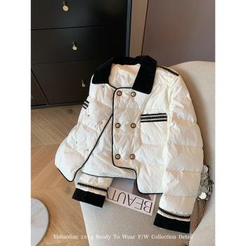 拼接撞色小香風羽絨服女2024冬季新款法式氣質高階感翻領輕薄外套