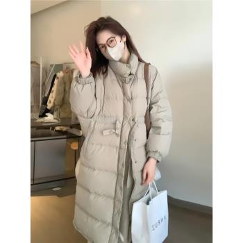 小眾設計感抽繩收腰羽絨服女冬2024年款中長款過膝加厚白鴨絨外套