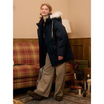 LOLOL ® 復古連帽大毛領派克服女新款中長款加厚羽絨服外套2024冬