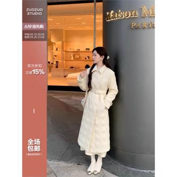 佐佐家小個子 雙排扣系帶藤格紋棉服女冬季小香風收腰顯瘦外套