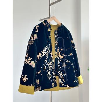 新中式黑色絲絨盤扣羽絨服女冬季老錢風上衣國風唐裝高階真絲外套
