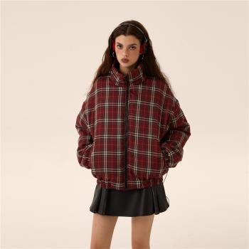 EZEK原創美式復古vintage格子兩面穿棉服女冬麵包服羽絨棉衣外套