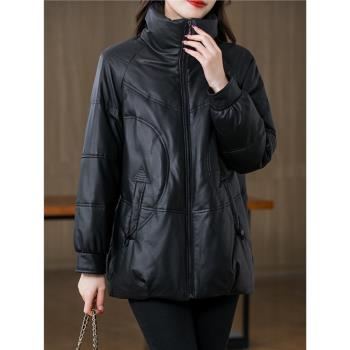 海寧真皮皮衣女短款胖MM綿羊皮羽絨服寬松大碼皮外套2024冬季新品
