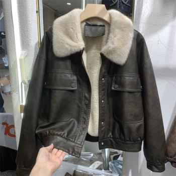 韓國冬季加絨皮衣外套女裝真皮機車夾克獺兔毛內裡派克服短款上衣