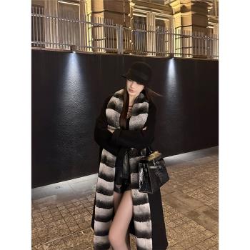 SX善喜龍貓獺兔毛領羊毛雙面呢大衣高階感氣質中長款外套女冬季新