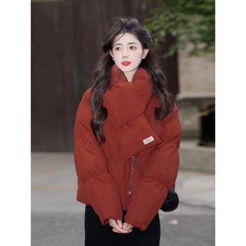 復古紅圍脖款白鴨絨羽絨服女冬季2024年新款短款小個子麵包服外套