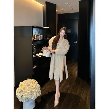 SX善喜氣質慵懶大翻領100%羊毛雙面呢大衣女高級感中長款毛呢外套