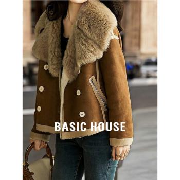 Basic House/百家好復古大翻領棕色夾克女冬季機車風加絨短款外套