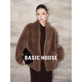 Basic House/百家好美拉德V領毛毛外套女冬季復古老錢風環保皮草