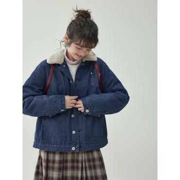 「北島AMUU」藍色單排扣羊羔毛加厚牛仔外套女秋冬季保暖顯瘦上衣