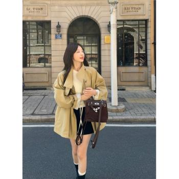 韓版復古立領風衣外套女秋季2024新款設計感寬松中長款卡其色上衣