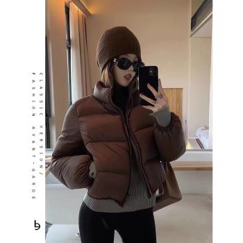 純色小眾設計感高腰肯豆短款加厚棉服女冬季羽絨服歐美ins外套冬