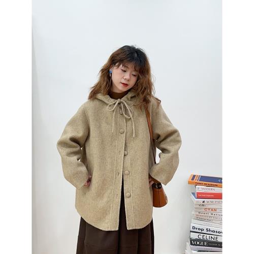 水瓶里的蝎子學院風可愛連帽抽繩系帶大衣韓系寬松雙面羊毛中外套