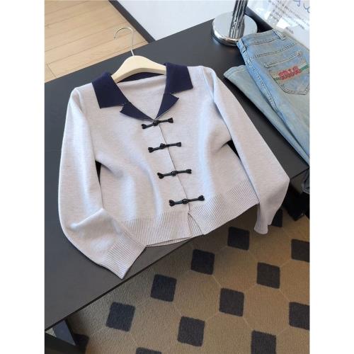 灰色翻領針織開衫毛衣女款2025新款早秋季新中式國風穿搭外搭上衣