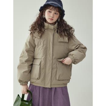 「北島AMUU原創」純色連帽口袋90白鴨絨羽絨服女冬季保暖外套上衣