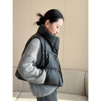 PINKEEN黑色無袖立領pu皮90白鴨絨外套秋冬2024新款時尚羽絨馬甲