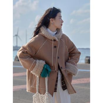 覓定美拉德羊羔毛加厚外套女冬季新款設計感小眾氣質皮毛一體